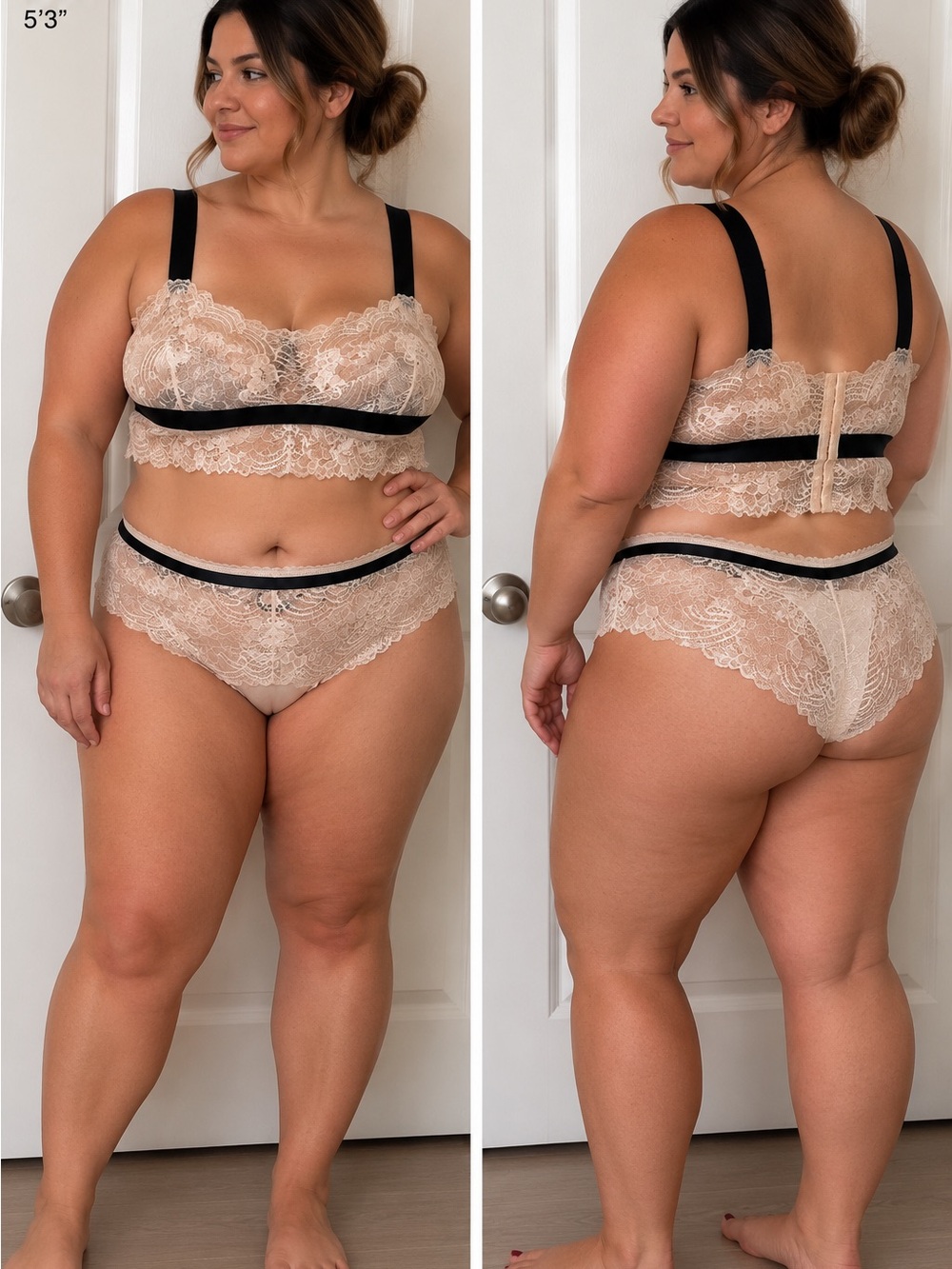 Lace Bralette & Bikini Set in Nude with Black Trim Top 3XL Bottoms 1XL